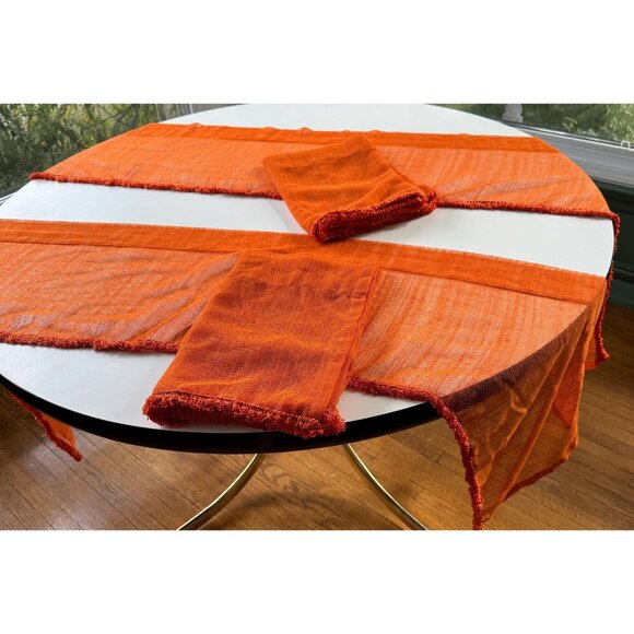 Vintage 70s cafe curtains, pumpkin orange, set of 2 panels and 1 valance - Picture 2 of 8